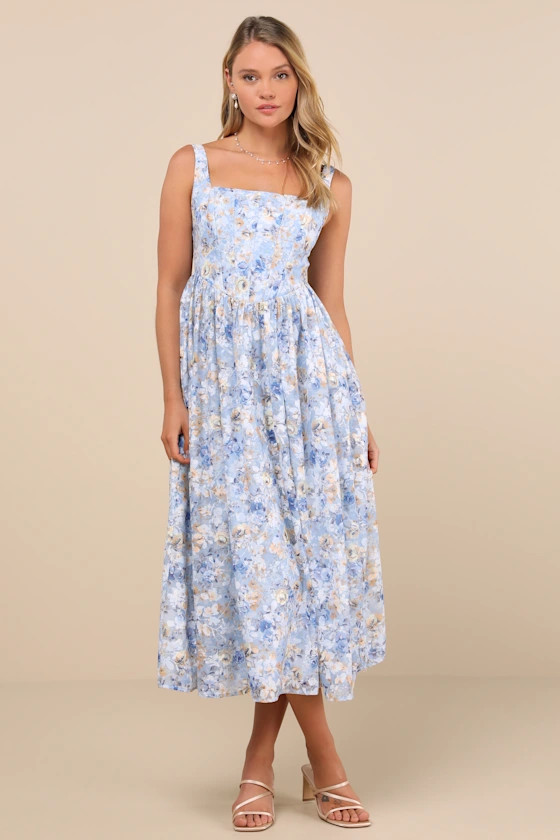 Colwyn Light Blue Floral Jacquard Bustier Midi Dress | Lulus