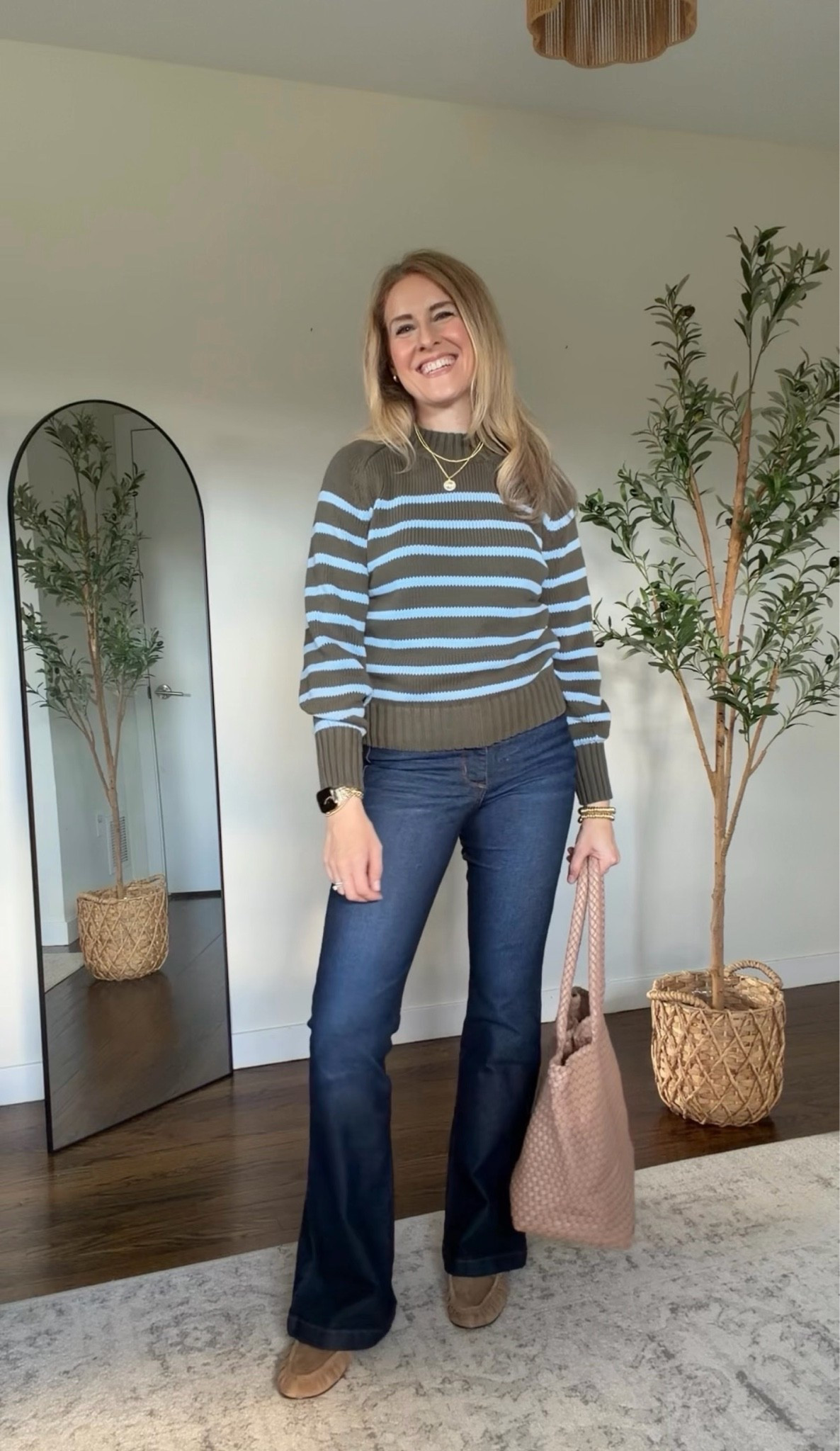 Walmart fall outfit idea, flare leg jeans run small, go up a size! I’m in the 6, need an 8. Also go up in the sweater, this is the medium. #walmartfashion