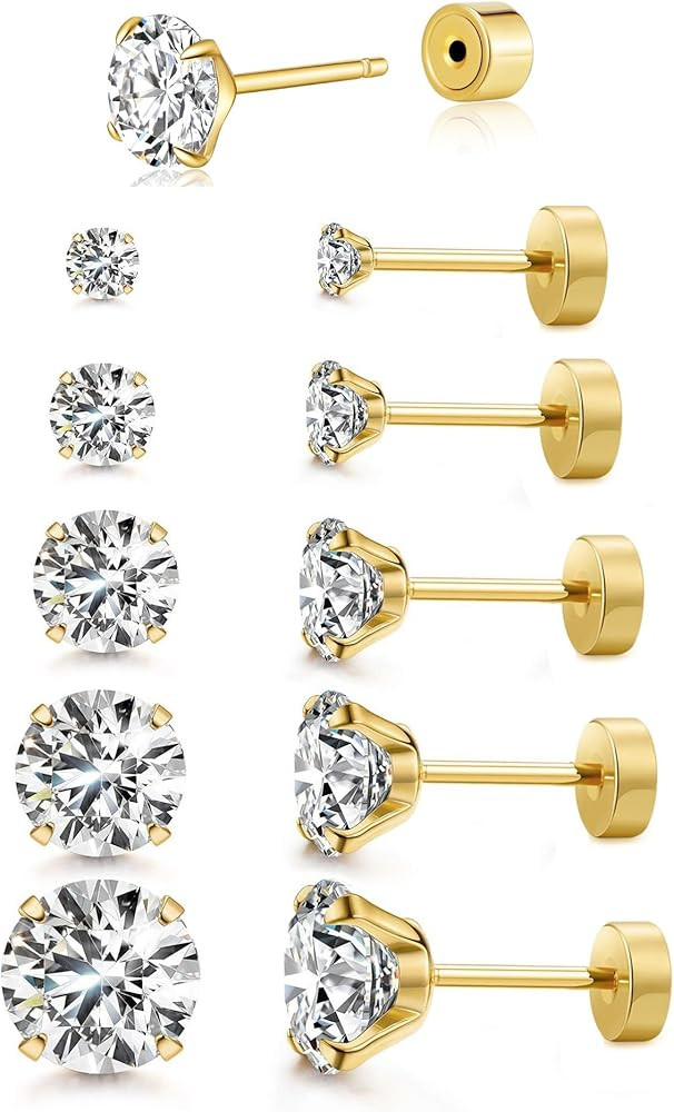 Women's 14K Gold Plated CZ Stud Earrings Simulated Diamond Round Cubic Zirconia Ear Stud Set\uff0... | Amazon (US)