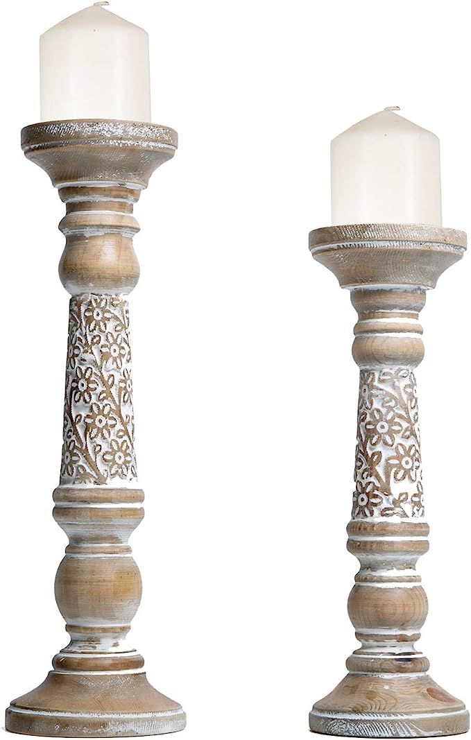 NIKKY HOME Farmhouse Candle Holder Set of 2 - Decorative Wood Pillar Candle Stand, Mantle Home De... | Amazon (US)