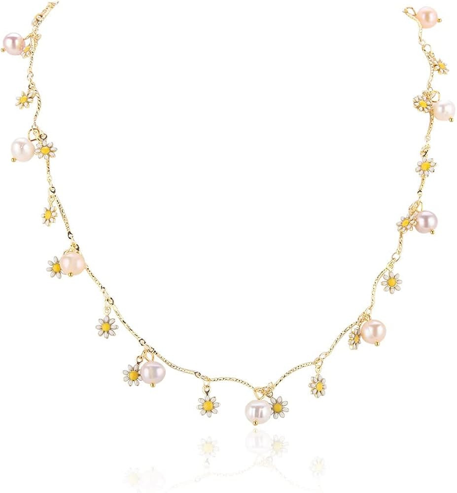 Daisy Flower Pendant Freshwater Pearl Necklace for Women's Pearl Strand Necklaces | Amazon (US)