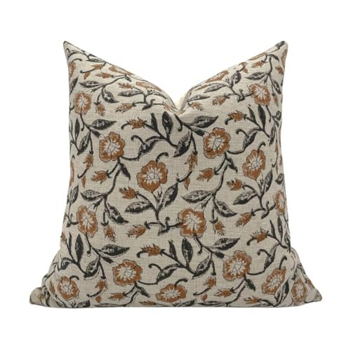 Pack of 2 Floral Block Print Pillow Covers, Decorative Vintage Design, for Living Room Couch, Sofa, Throw Pillow Cover, 18x18 Inch Neutral Floral Pillow Covers, Print on One Side Only | Amazon (US)