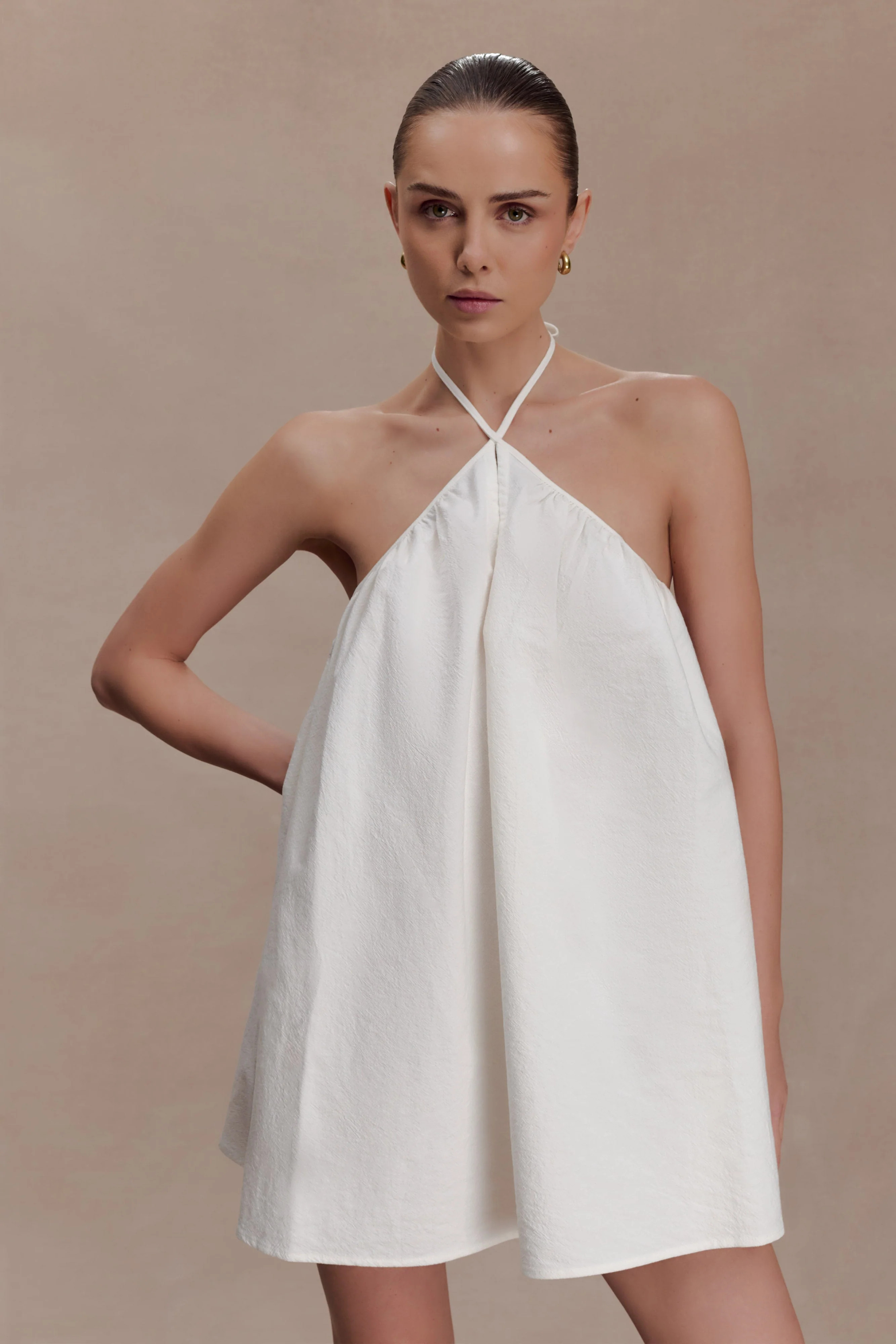 Keyhole Halter Cotton Mini Dress - White | MESHKI US