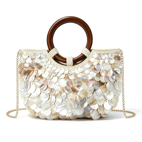 Shell Beaded Purse for Women, Seashell Clutch Bag with Wooden Handle | Amazon (US)
