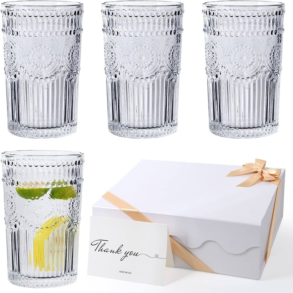 BPFY Vintage Drinking Glasses Set of 4, 12 oz Ribbed Water Glasses With Gift Box, Highball Glasse... | Amazon (US)