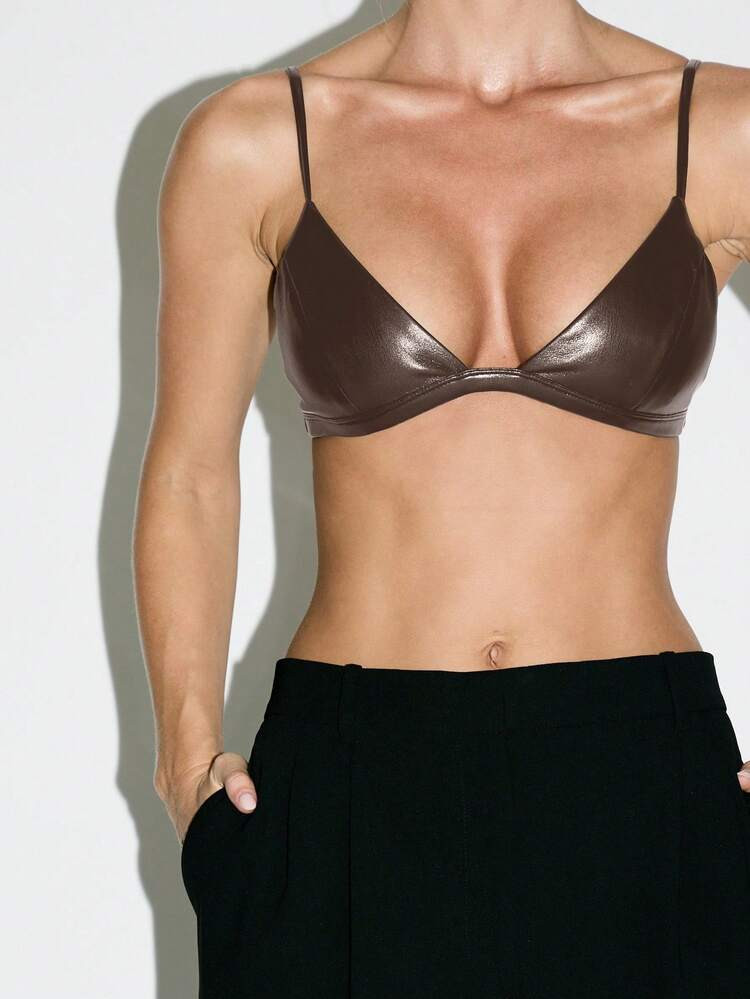 KIZN Faux Leather Bralette With V Neck And Adjustable Straps For Evening And Party Wear | SHEIN