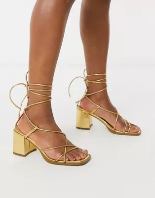 ASOS DESIGN Hideout block heeled minimal strap sandals in gold | ASOS (Global)