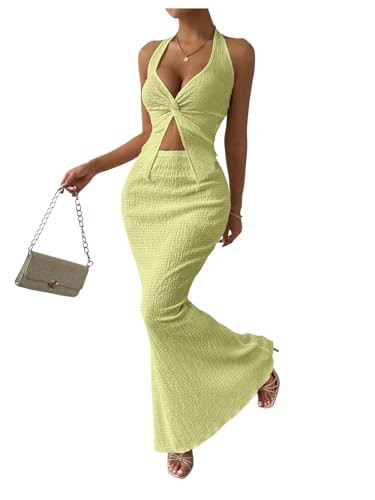 SOLY HUX Women's Two Piece Outfits Twist Front Halter Cami Tops and Skirt Summer Set Solid Yellow Small | Amazon (US)