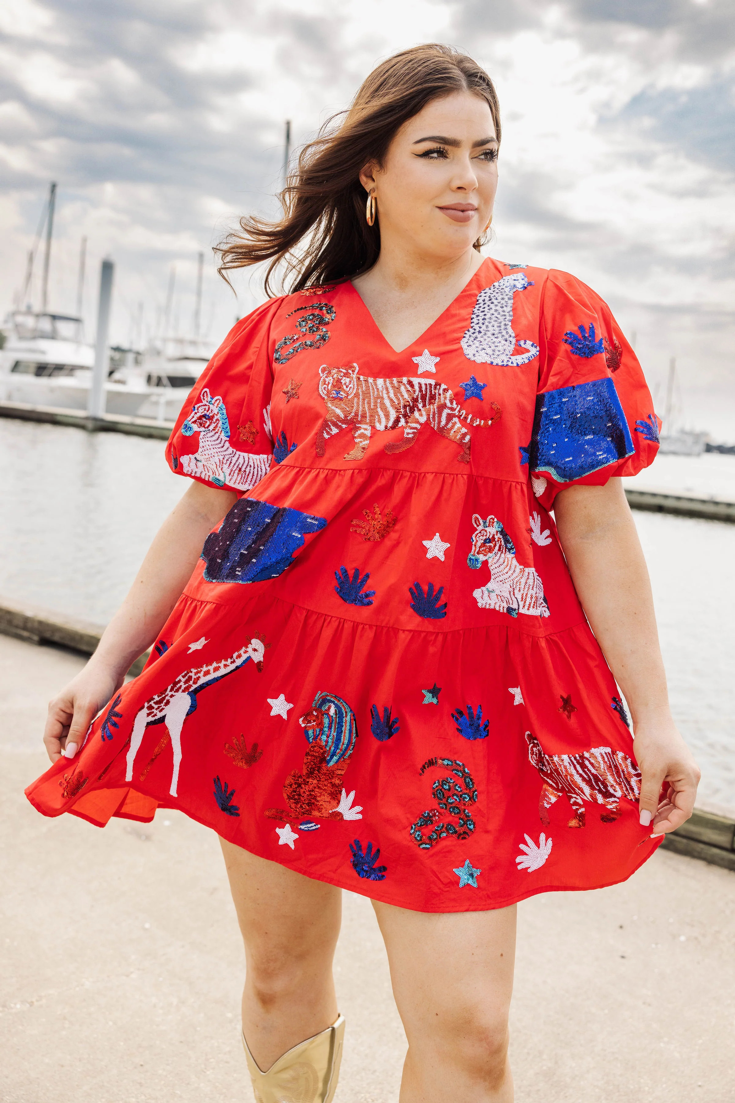 Red, White, and Blue Animal Poof Sleeve Dress | Queen of Sparkles