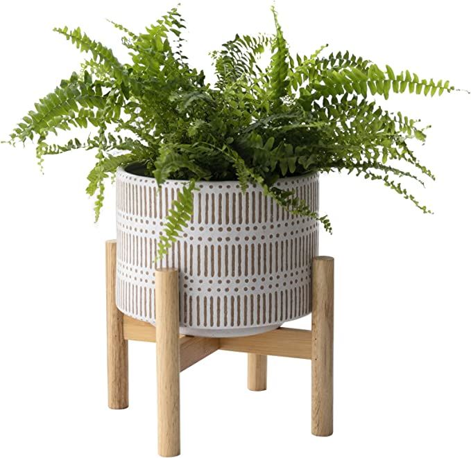 Ceramic Plant Pot with Wood Stand - 7.3 Inch Modern Round Decorative Flower Pot Indoor with Wood ... | Amazon (US)