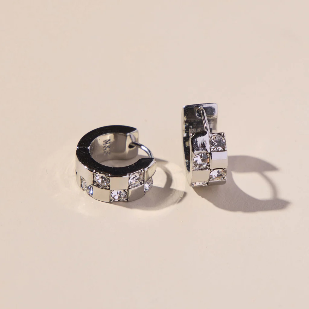 Silver Pavé Checkered Huggies | Nickel and Suede