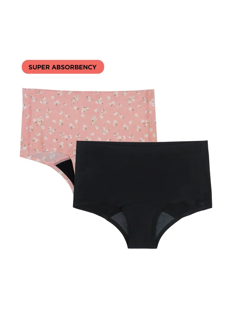 No Boundaries Boyshort Super Absorbency Period Underwear, 2-Pack, Women\u2019s XS-XXL | Walmart (US)