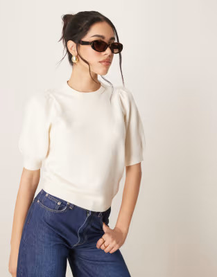Gina Tricot knitted short sleeve sweater with puff sleeves in cream | ASOS (Global)