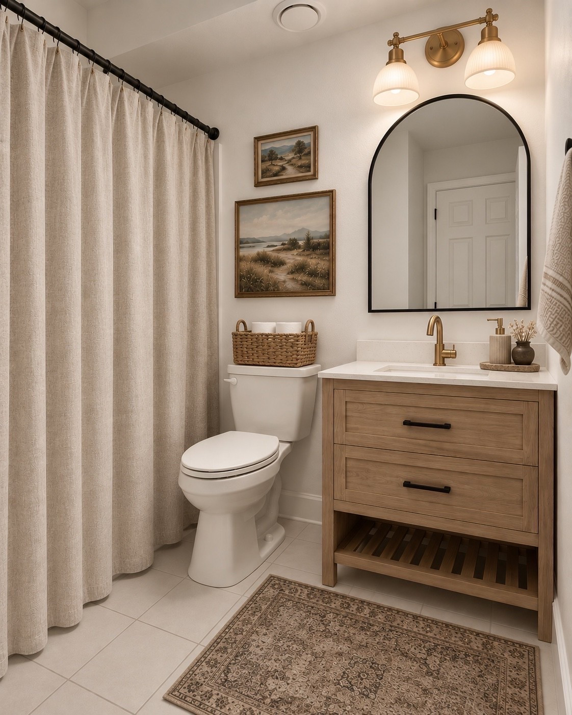 A warm and elevated bathroom refresh 🤎 I paired a natural wood vanity with brass accents, a black arched mirror, vintage-inspired artwork and a warm neutral rug for a collected, transitional look.

#LTKHome