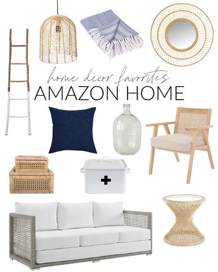 Some of my current home décor favorites from Amazon!  Items include an outdoor wicker sofa, an upholstered and rattan accent chair, a rattan pendant light, a decorative wood ladder, a first aid metal box, a navy pillow. Additional items include a wicker side table, a glass bottle vase, a round woven wicker mirror, a set of rattan display boxes and a blue and white striped throw blanket.

look for less home, designer inspired, beach house look, amazon haul, amazon must haves, home decor, Amazon finds, Amazon home decor, simple decor, wall mirror, abstract wall art, art for home, canvas wall art, living room decor, amazon sofa, amazon chairs, amazon mirrors, neutral design, accent chair, coastal decorating, coastal design, coastal inspiration #ltkfamily #ltkfind 

#LTKSeasonal #LTKstyletip #LTKunder50 #LTKunder100 #LTKhome #LTKsalealert #LTKhome #LTKunder100