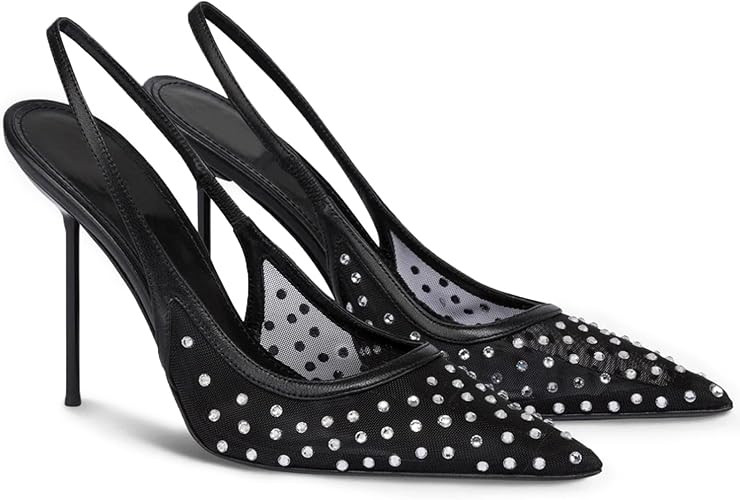 Mesh Slingback Heels for Women Sparkly Rhinestone Stilettos High Heel Pumps Women’s Pointed Toe... | Amazon (US)