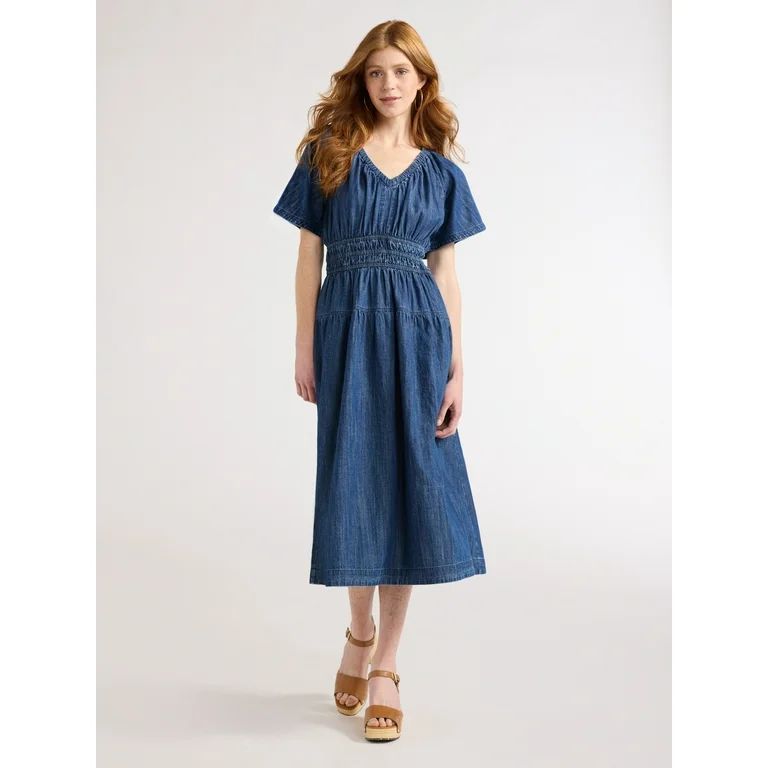 Free Assembly Women's Denim Tiered Midi Dress with Flutter Sleeves, Sizes XS-XXL | Walmart (US)