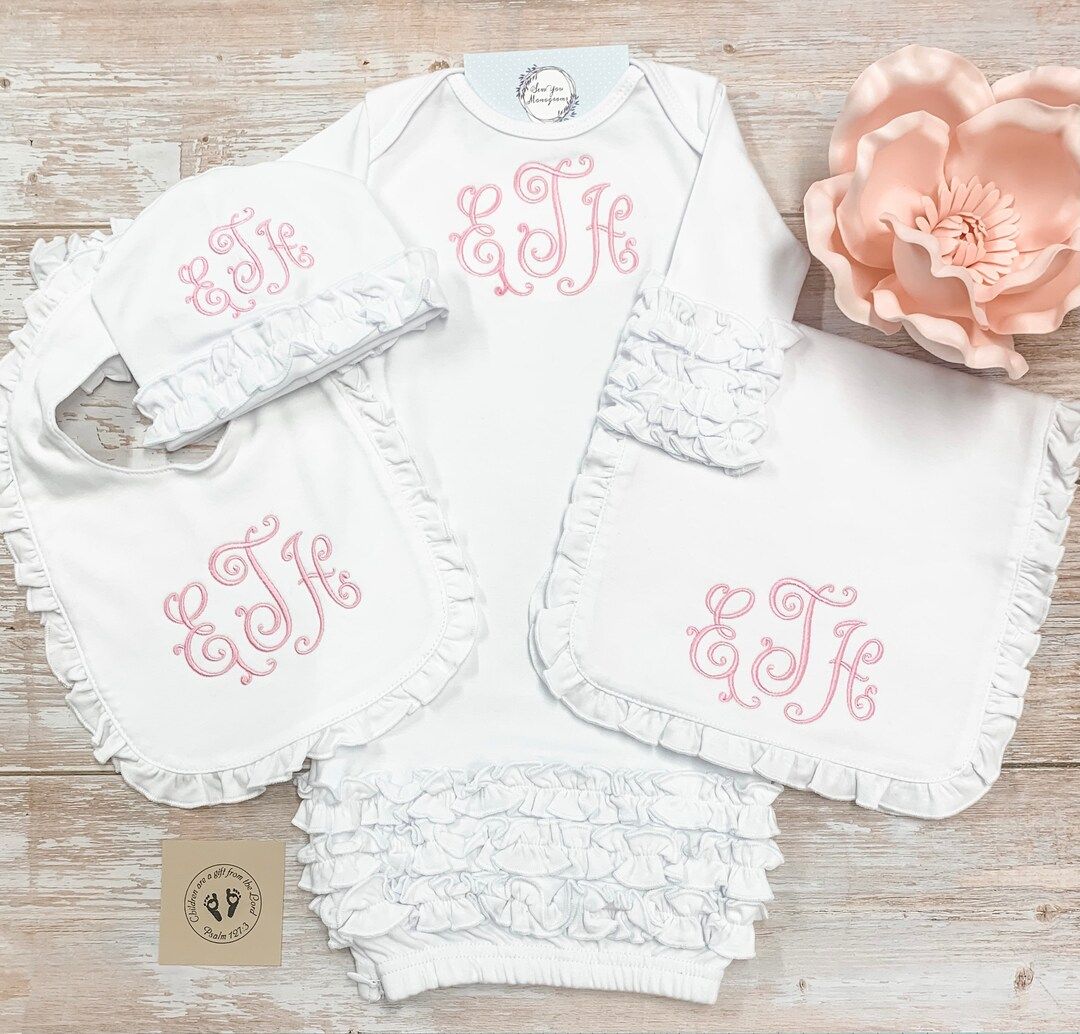 Monogram Baby Girl Gown Set, Infant Gown Bib Burp Cloth Set, Baby Gown, Personalized Burp Cloth, ... | Etsy (US)