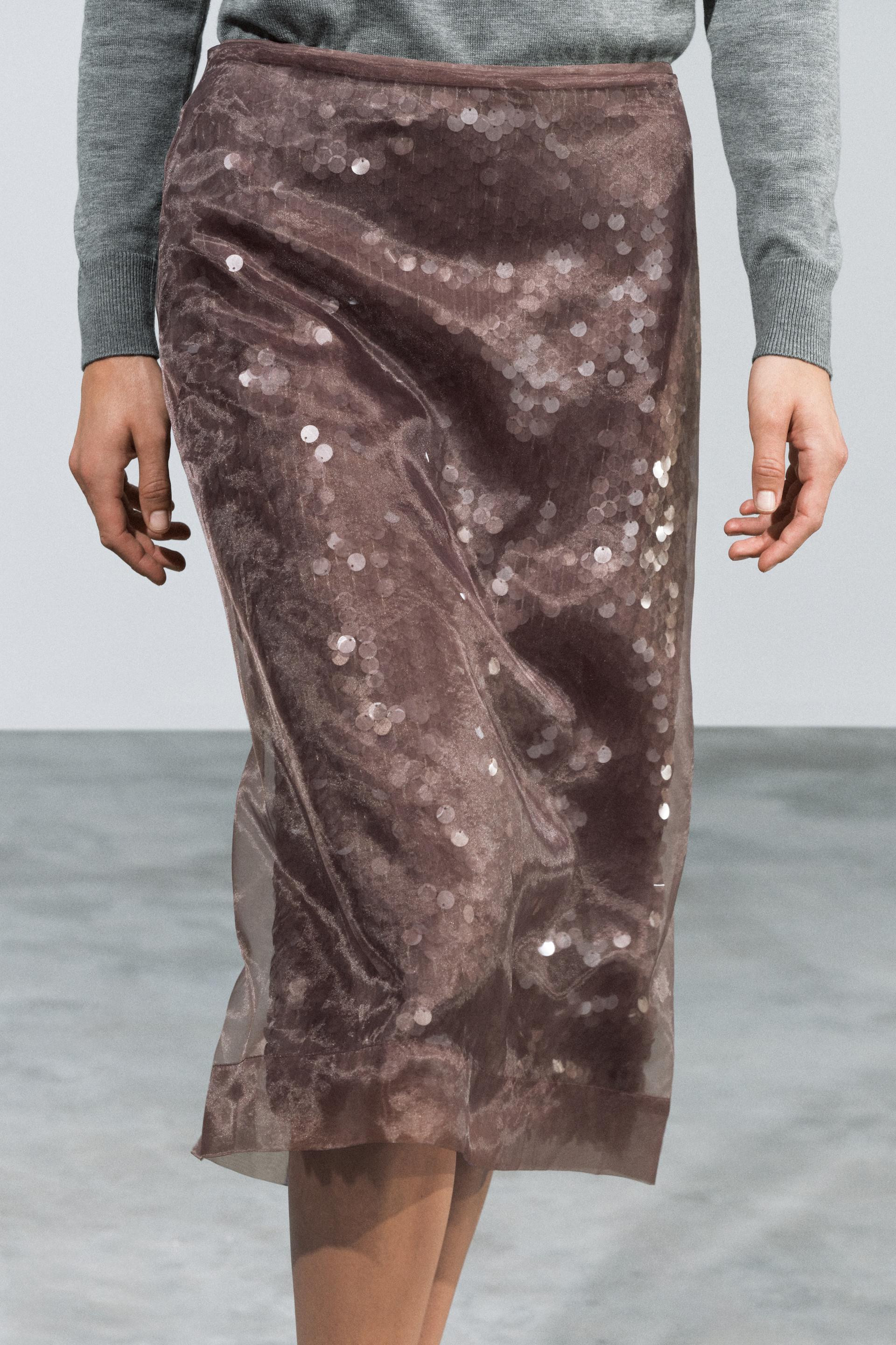 Zara - Zw Collection Sequin Midi Skirt - Brown / Taupe - S - Woman | Zara US