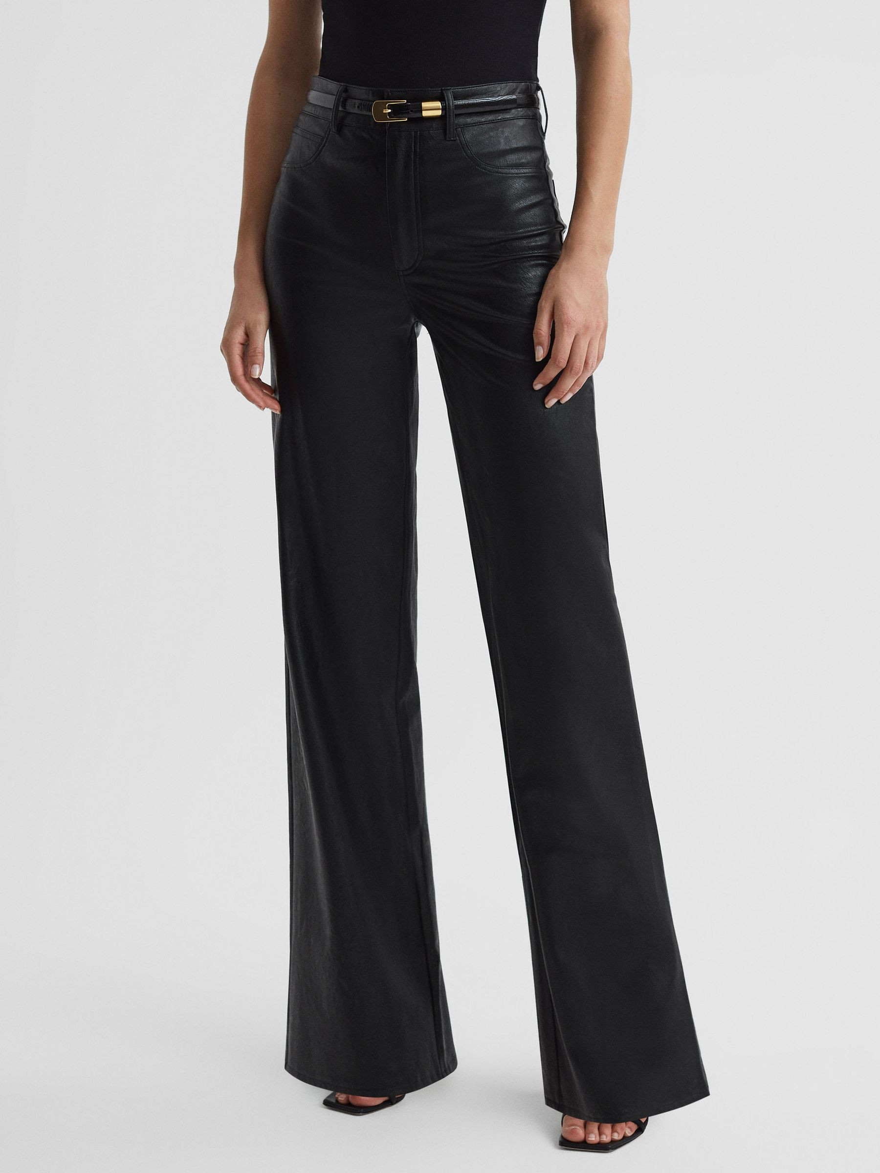 Reiss Paige High Rise Leather-Look Wide Leg Jeans in Black - REISS | Reiss UK