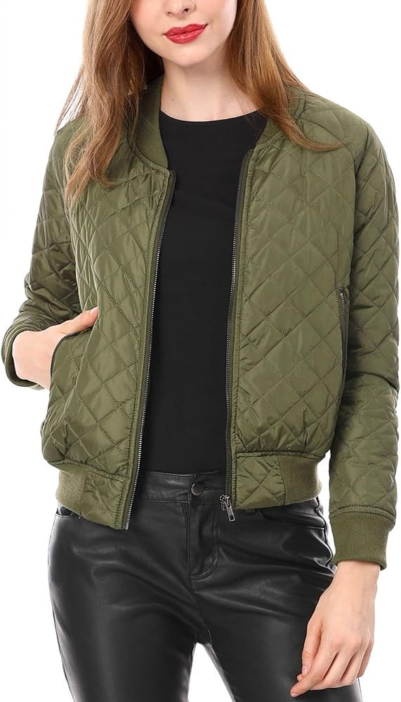 Allegra K Women's Quilted Zip Up Raglan Long Sleeve Bomber Jacket | Amazon (US)