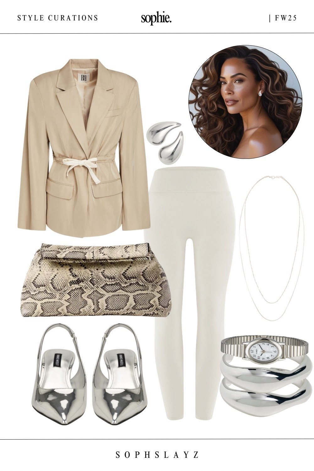 This look: a fall blazer outfit, paired with ivory leggings, silver mirrored slingback pumps, a snake print clutch, a silver watch/bracelet stack, and a silver layered necklace.
A masterclass in neutral layering.
Ideal for a rooftop happy hour, elevated brunch, or upscale dinner where you want to keep things clean but impactful.
🔎 fall outfits, fall style, neutral outfit, belted blazer, silver heels, tie-waist jacket, leggings outfit, fall fashion neutrals, glam style, fw25, statement blazer



#LTKItBag #LTKStyleTip