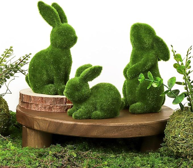 Easter Decorations Bunny Decor: Moss Flocked Resin Rabbit Figurines Set of 3, Green Furry Easter ... | Amazon (US)