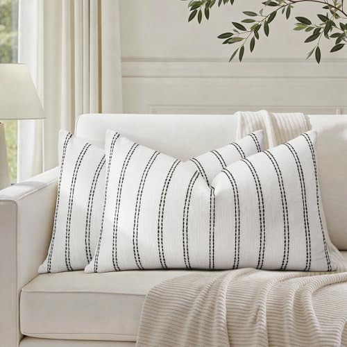 HOMEIDEAS Decorative Black and White Throw Pillow Covers 20x12 Set of 2, Striped Textured Farmhouse Pillow Covers, Soft Chenille Cushion Covers for Couch Sofa Bed Home Decor | Amazon (US)