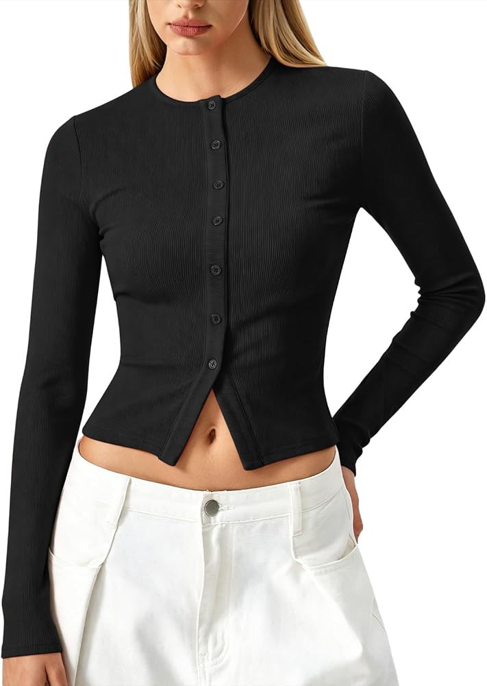 QINSEN Women's Long Sleeve Crewneck T Shirts Ribbed Button Crop Top Going Out Tops | Amazon (US)