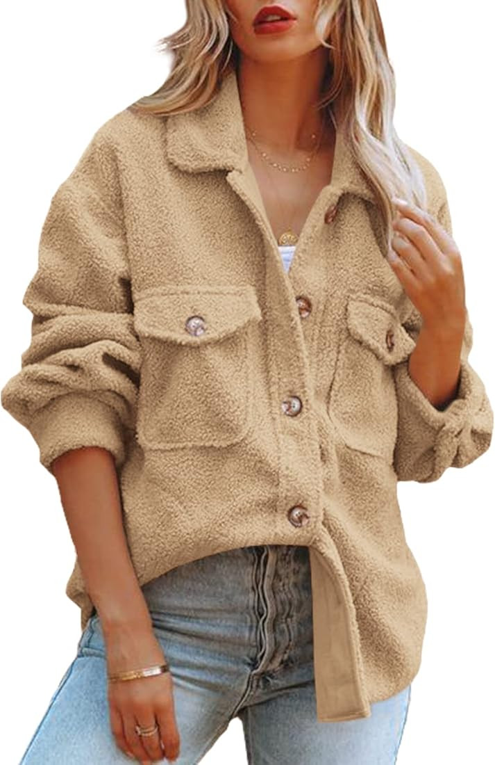 ReachMe Womens Sherpa Fleece Jacket Button Down Shirt Jacket Long Sleeve Shacket with Pockets Lapel  | Amazon (US)