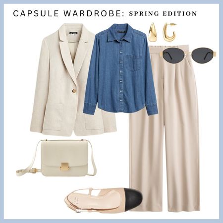 Spring outfit, beige trousers, beige blazer, denim shirt, two tone flats, white bag 

#LTKfindsunder50 #LTKworkwear #LTKtravel