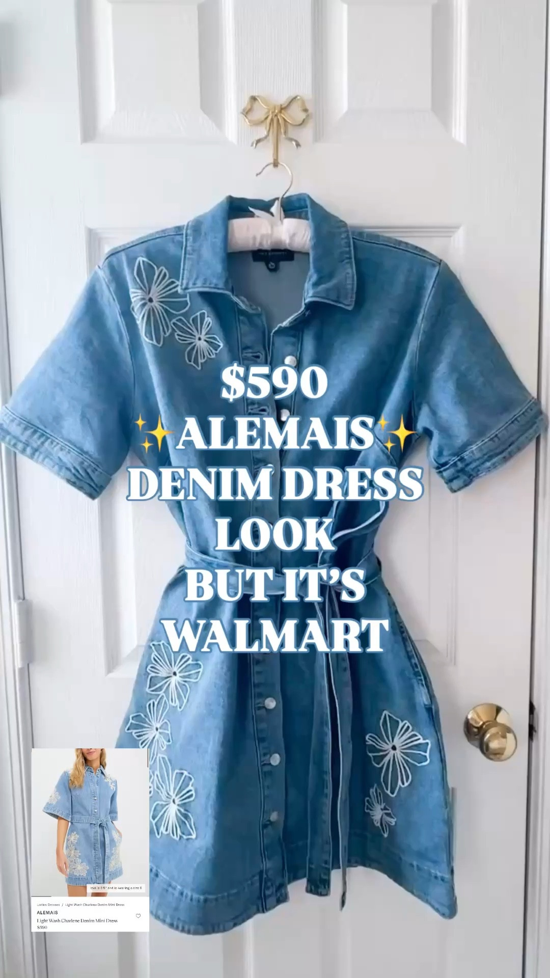 The Alemais Charlene Denim Mini Dress Is $590. This Is Walmart.🤍

The embroidered daisy motifs. The wide elbow sleeve. The spread collar. The self-tie belt. The metal button placket. The pockets.

That is the Alemais Charlene. It has been on every mood board and editorial and it retails for $590.

This is Free Assembly at Walmart. And she got every single one of those details right.

Same embroidered florals. Same collar. Same sleeve. Same belted waist. Same pockets. Same light wash. 99% cotton with stretch. Machine washable. 

Currently a Walmart best seller with 100+ people in their carts.

Your spring brunch. Your garden party. Your vacation dinner. Your winery afternoon. Unbuttoned over a swimsuit at the pool. She goes everywhere and she does not once reveal what she cost.

Alemais look for less, Alemais dupe, Alemais Charlene dupe, Alemais Charlene look for less, Alemais denim dress dupe, Free Assembly denim dress, Free Assembly Walmart dress, Walmart fashion finds, Walmart best seller dress, Walmart style, denim dress women, embroidered denim dress, floral embroidered dress, belted denim dress, shirt dress women, denim shirt dress, button front dress, light wash denim dress, denim mini dress, spring denim dress, spring dress women, spring dresses, spring dresses 2026, spring outfits, spring outfits 2026, spring outfit women, casual chic dress, elevated denim dress, feminine denim dress, designer look for less, luxury look for less, affordable designer dress, affordable spring dress, brunch dress women, vacation dress women, vacation outfits beach, resort dress women, garden party dress women, spring wedding guest dress, date night dress women, denim dress outfit ideas, spring vacation outfit

#LTKFindsUnder100 #LTKFindsUnder50 #AlemaisDupe #LookForLess #Alemais #DenimDress #WalmartStyle #WalmartFinds #SpringDress #SpringOutfit

#LTKSeasonal #LTKWorkwear #LTKootd