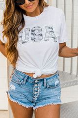 USA Grey Graphic Camo Tee White Pre-Made | The Pink Lily Boutique