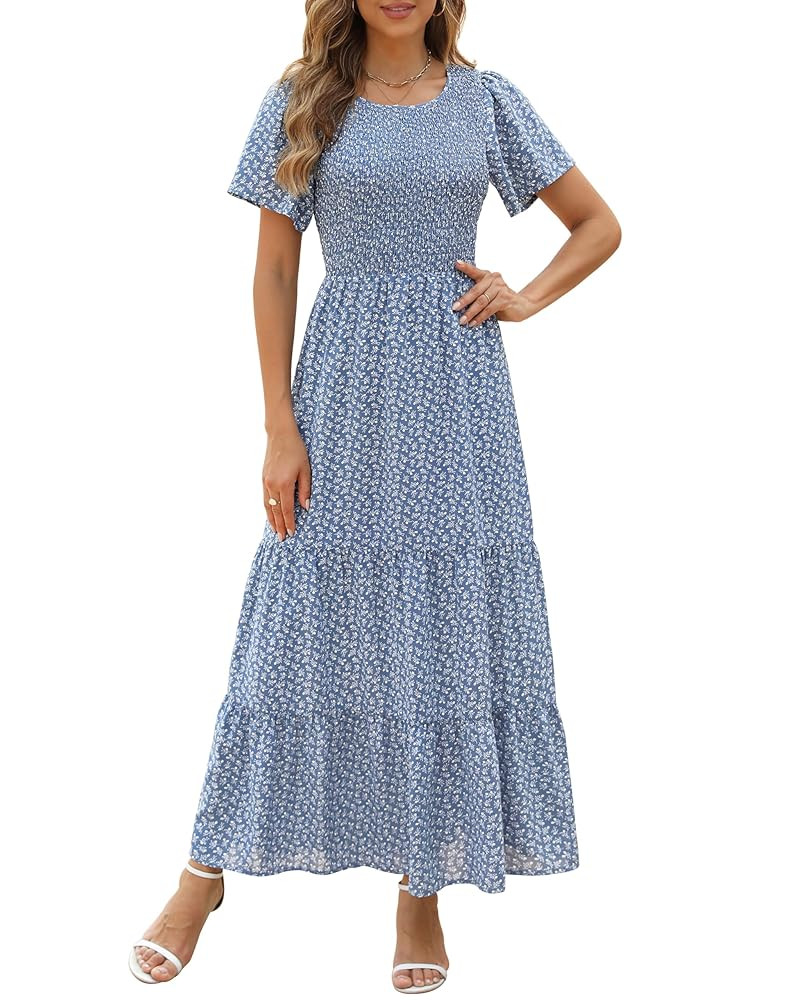 Kranda Women 2025 Summer Fall Crewneck Short Sleeve Smocked Floral Maxi Dress | Amazon (US)