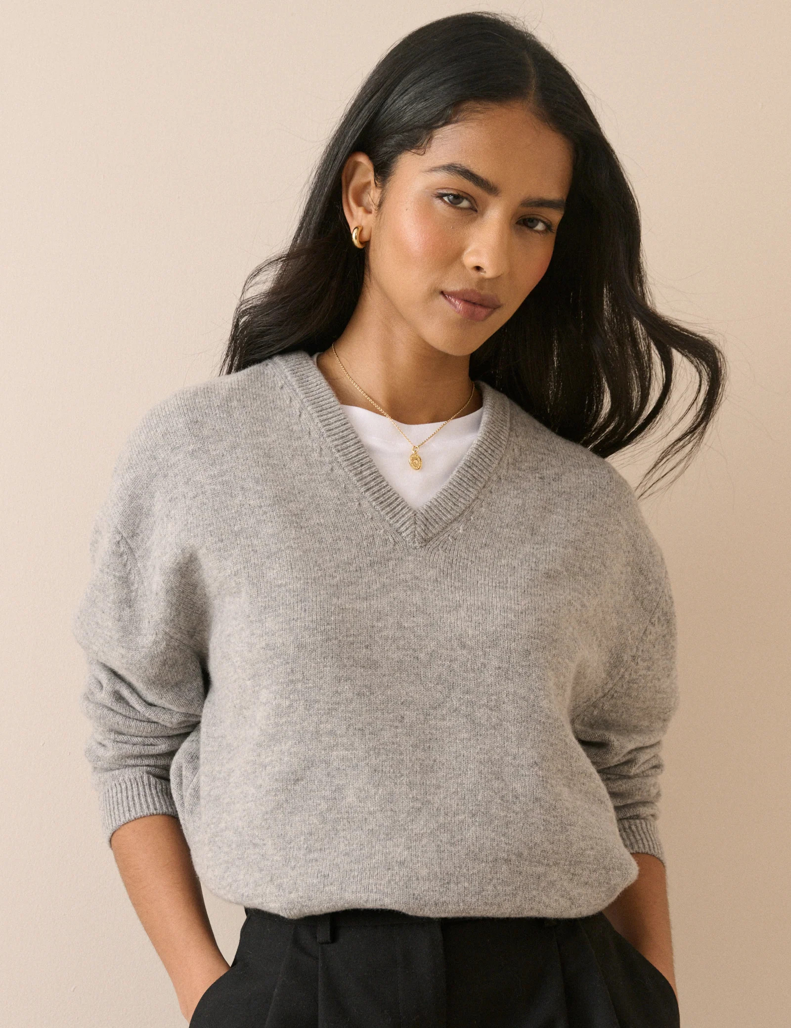 Grey V-Neck Wool Jumper | Nobody's Child