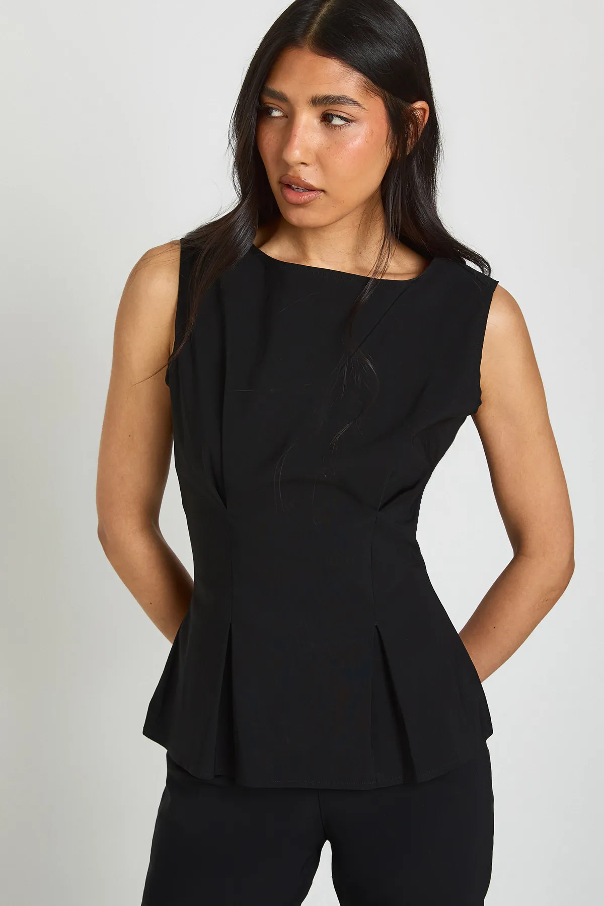 Black Tall Bengaline Cinched Waist Sleeveless Top | Boohoo | Boohoo.com (UK & IE)