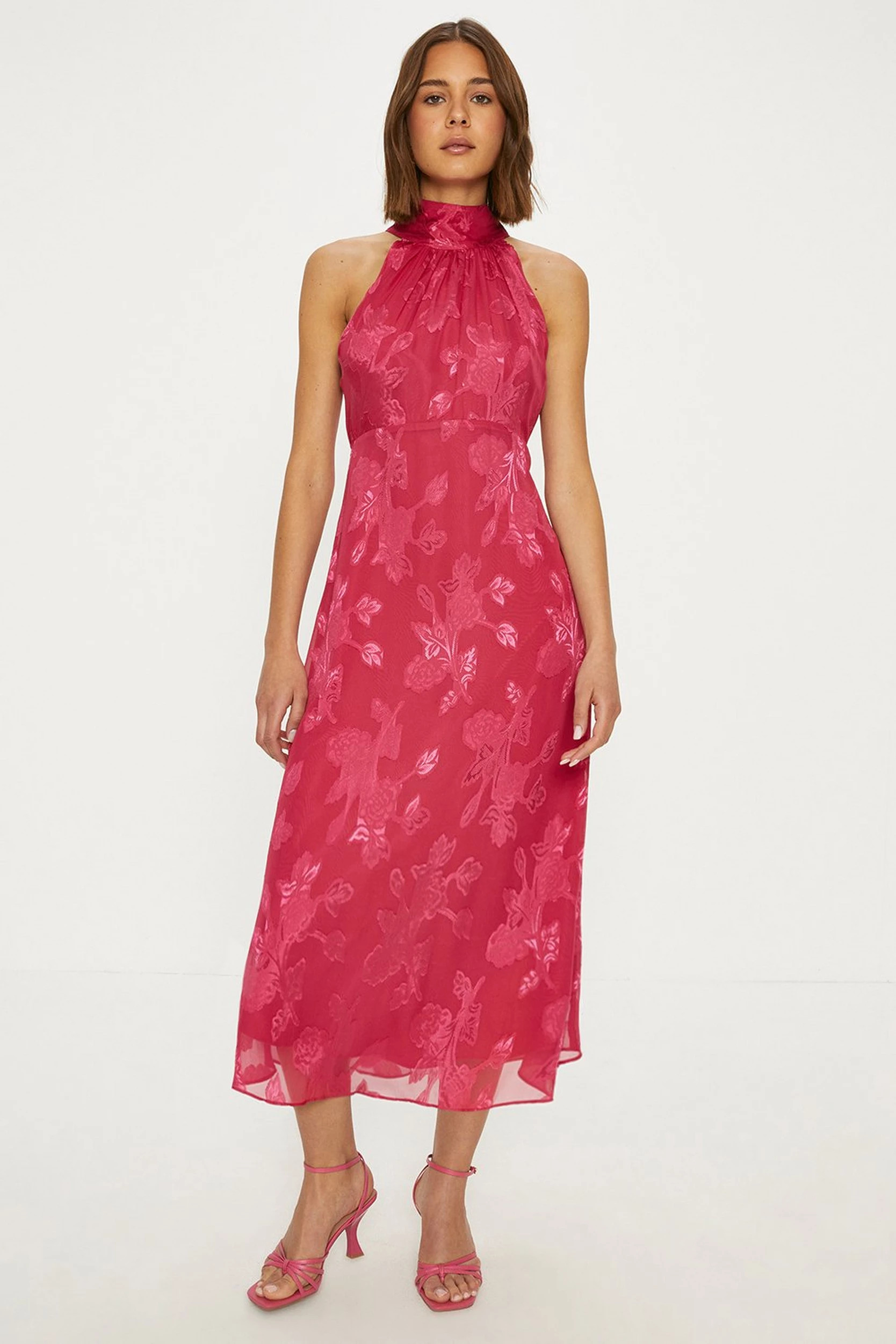 Petite Floral Satin Burnout Halter Midi Dress | Oasis UK & IE