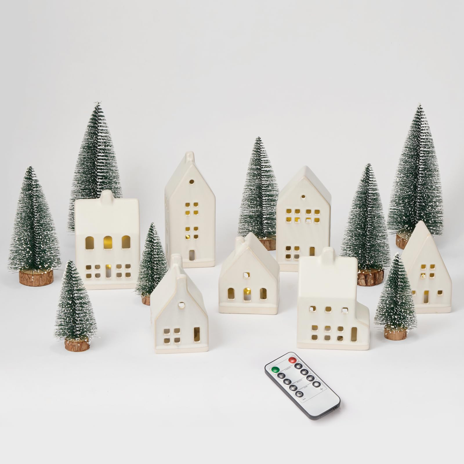 23 Pcs Christmas Village Set - 7 White Ceramic Houses with Remote LED Tea Lights and 8 Snow Trees... | Amazon (US)