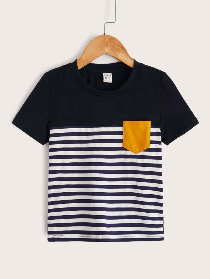 SHEIN Kids EVRYDAY Young Boy Striped Print Pocket Front T-Shirt, Simple Style | SHEIN