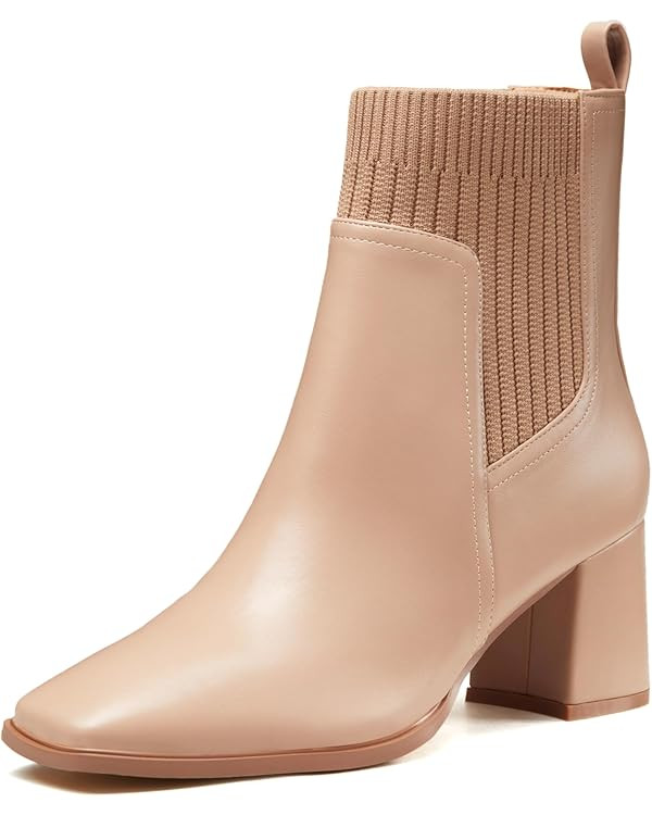 Coutgo Women's Slip On Ankle Boots Chunky Block Heel Square Toe Splicing Dress Sock Booties | Amazon (US)