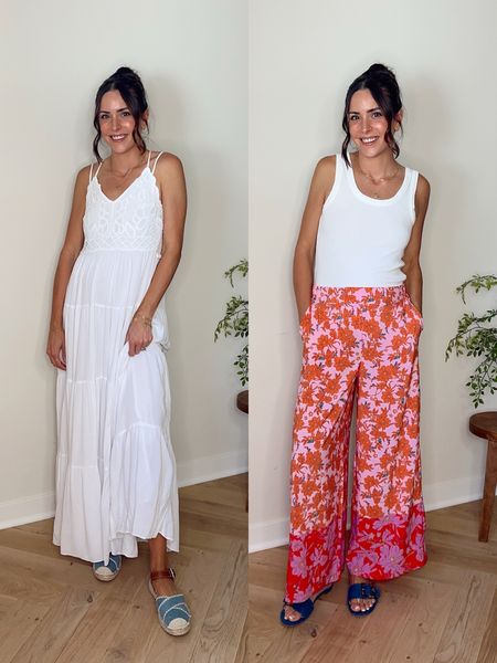 Latest Walmart finds: 2 effortless summer looks under $60 from @walmart! #walmartpartner 

Look 1:
White dress: true to size (S) bump friendly, also comes in pink! Pretty option for a summer photo shoot or baby shower 
Espadrille sandals: tts, size up for half sizes— these are a STEAL and look $$$!

Look 2: 
Printed pants: comfy, lightweight pants that are dressy but feel like pjs! Love this option for when you need to get a little dressed up, but don’t feel like wearing a dress. True to size, but I sized up to a M for my growing bump. 
Slide sandals: tts, size up for half sizes. Love the denim! More colors available. 

#LTKFindsUnder50 #LTKSaleAlert #LTKFindsUnder100