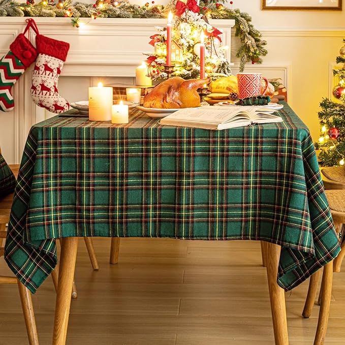 AQOTHES Green Yellow Plaid Snowflake Christmas Tablecloth 60x84, Tartan Table Cloth Decorations, ... | Amazon (US)