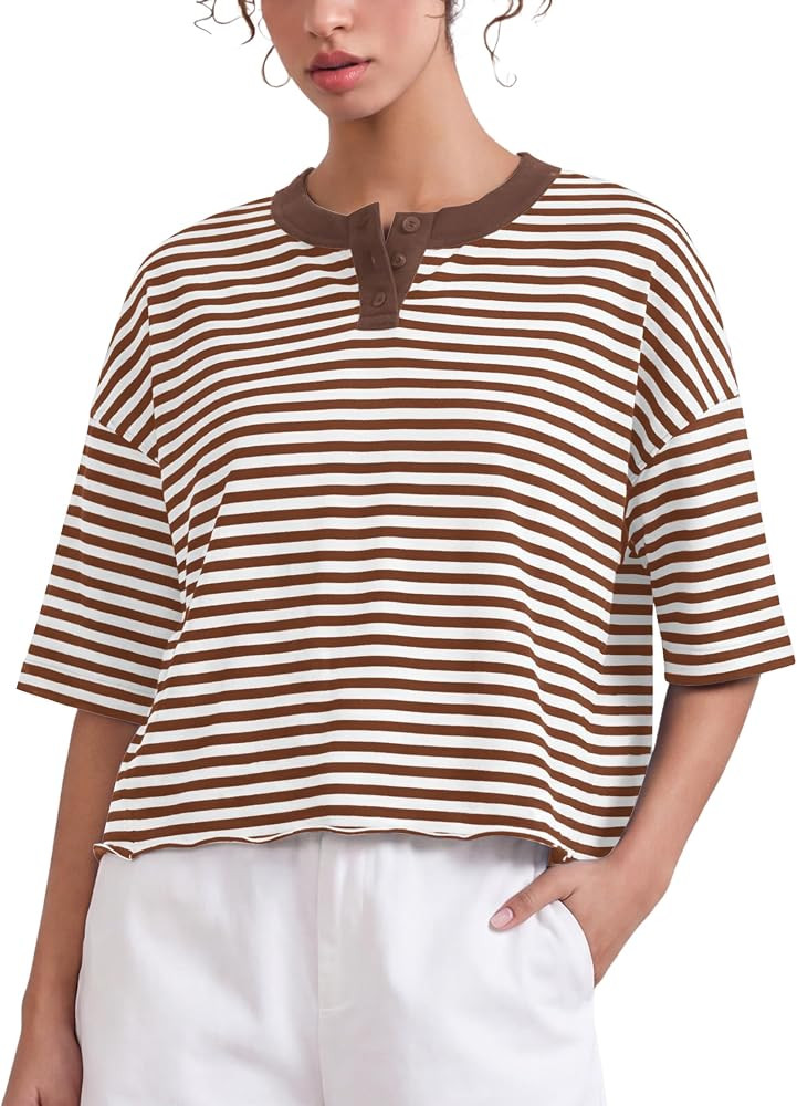 Meladyan Women's Stripes Henley T Shirts Cropped Boxy Tees Oversized Crewneck Short Sleeve T-Shir... | Amazon (US)