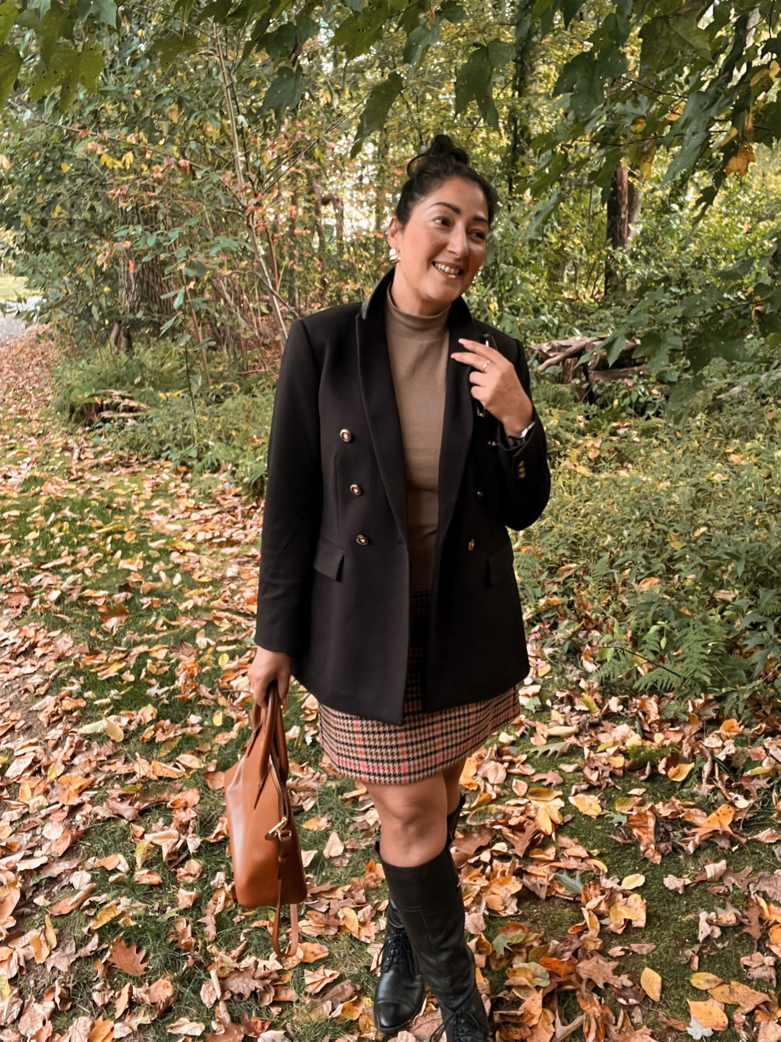 Dressing in black and brown for fall! 🖤🤎🍂 LOFT blazer and plaid skirt. Riding boots. Fall style. Work wear and office attire. 

#LTKSeasonal #LTKsalealert #LTKstyletip