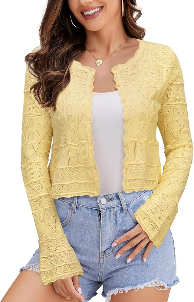FAIRY SEASON Women's Cropped Cardigan Sweater Bell Long Sleeve Lightweight Crochet Button Down Kn... | Amazon (US)