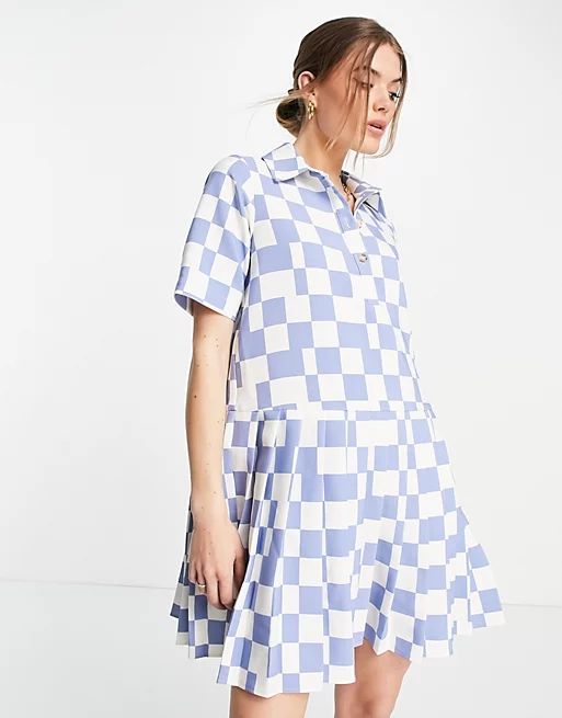 Envii short sleeve polo dress with pleated skirt in blue retro check | ASOS (Global)