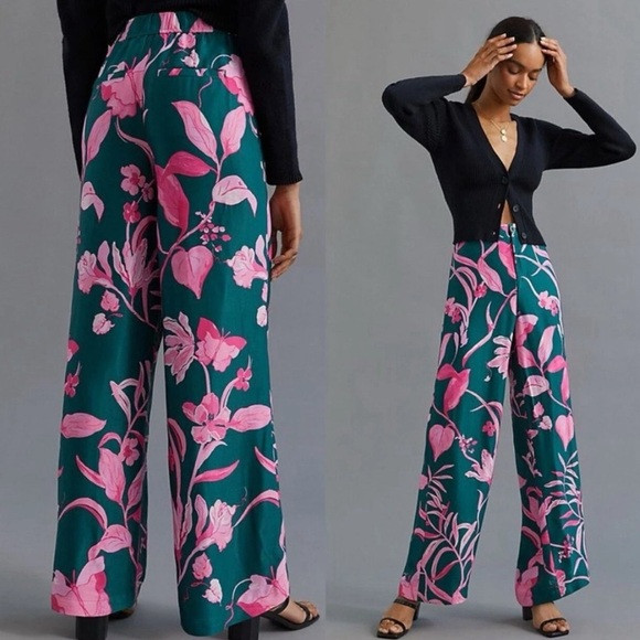 Anthropologie Breezy Tropical Green Satin Wide-Leg Pants Pink Floral Print 4 | Poshmark