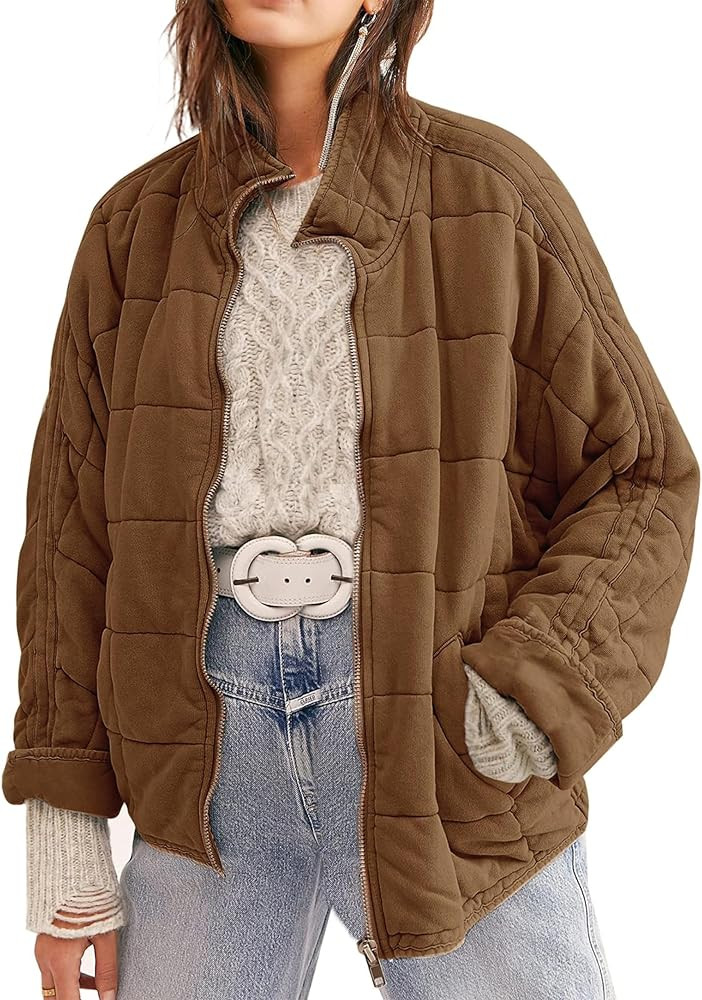 Womens Dolman Quilted Lightweight Jackets Full-zip Stand Collar Loose Warm Winter Outwears with P... | Amazon (US)