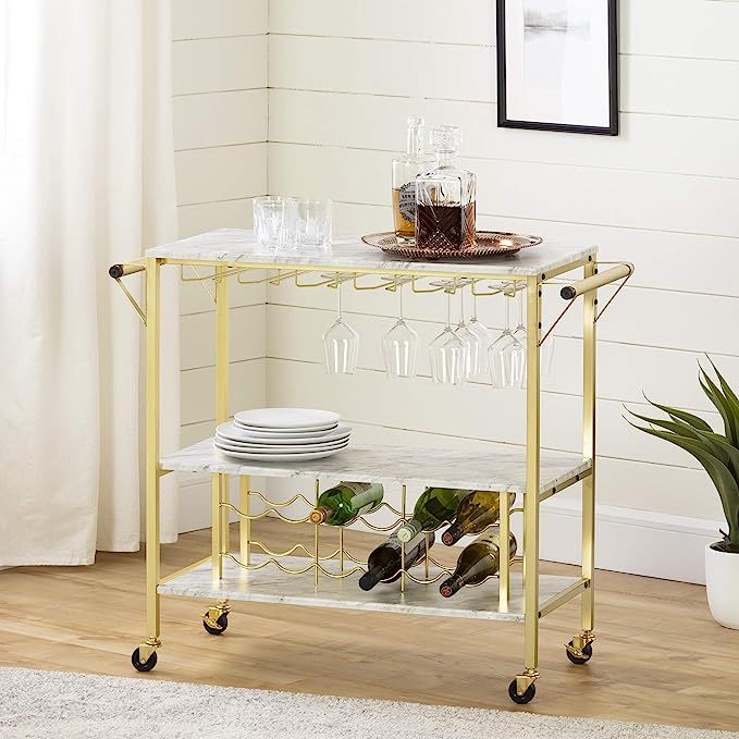South Shore Maliza Bar Cart Bottle Storage and Wine Glass Rack-Faux Marble and Gold | Amazon (US)