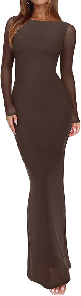 REORIA Women's Fall Mesh Sheer Long Sleeve Wedding Guest Dress Sexy Floral Bodycon Maxi Long Dres... | Amazon (US)